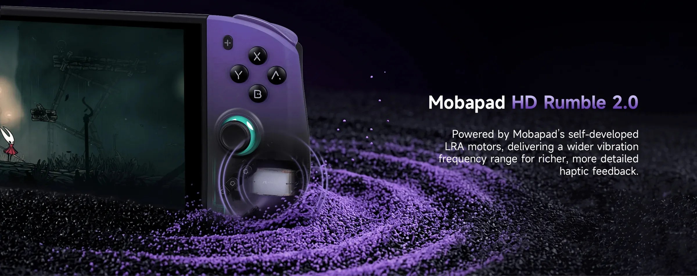 Promo image of Mobapad M12 Pro: Mobapad HD Rumble 2.0 Powered by Mobapad's self-developed LRA motors, delivering a wider vibration frequency range for richer, more detailed haptic feedback. https://www.mobapad.com/products/mobapad-m12-pro-joycon-for-switch-2