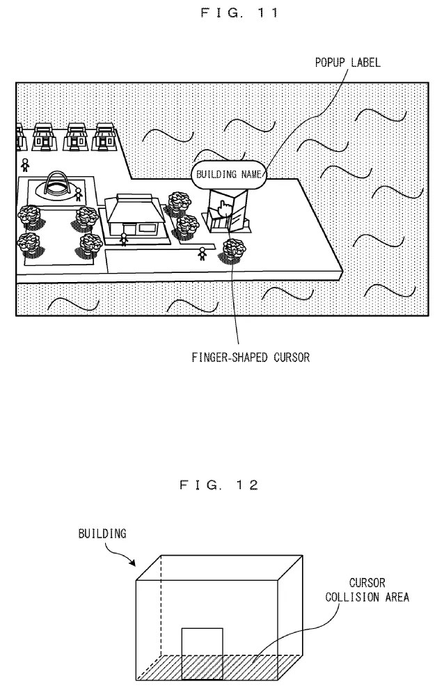 Drawings from patent publication US 20260263929: FIG. 11 shows a non-limiting example of the game screen according to the exemplary embodiment FIG. 12 shows a non-limiting example of a cursor collision area