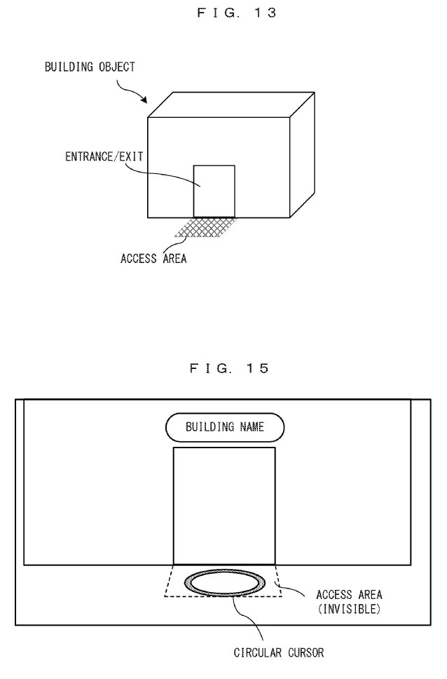 Drawings from patent publication US 20260263929: FIG. 13 shows a non-limiting example of an access area FIG. 15 illustrates a non-limiting example of the building access in the case of the ground camera