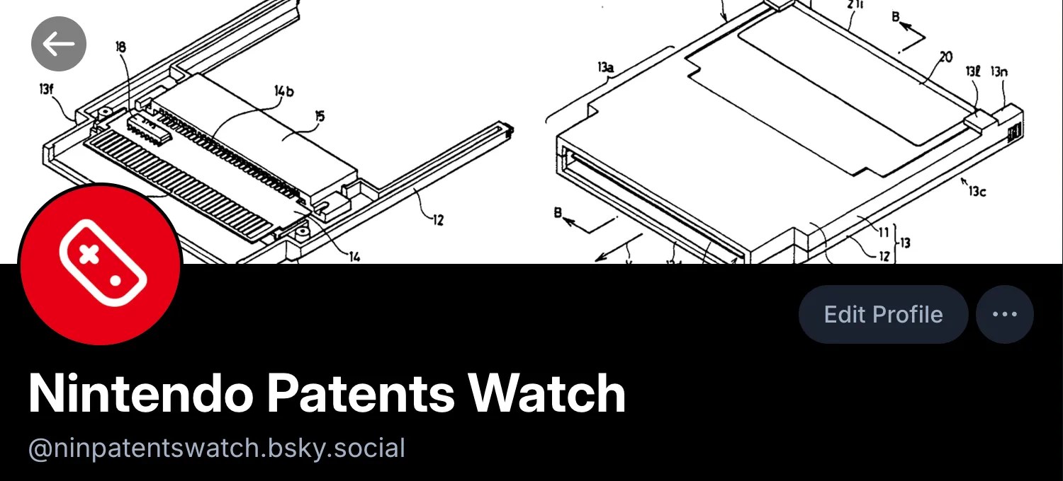 Screenshot of Bluesky masthead of this account (Nintendo Patents Watch) https://bsky.app/profile/ninpatentswatch.bsky.social