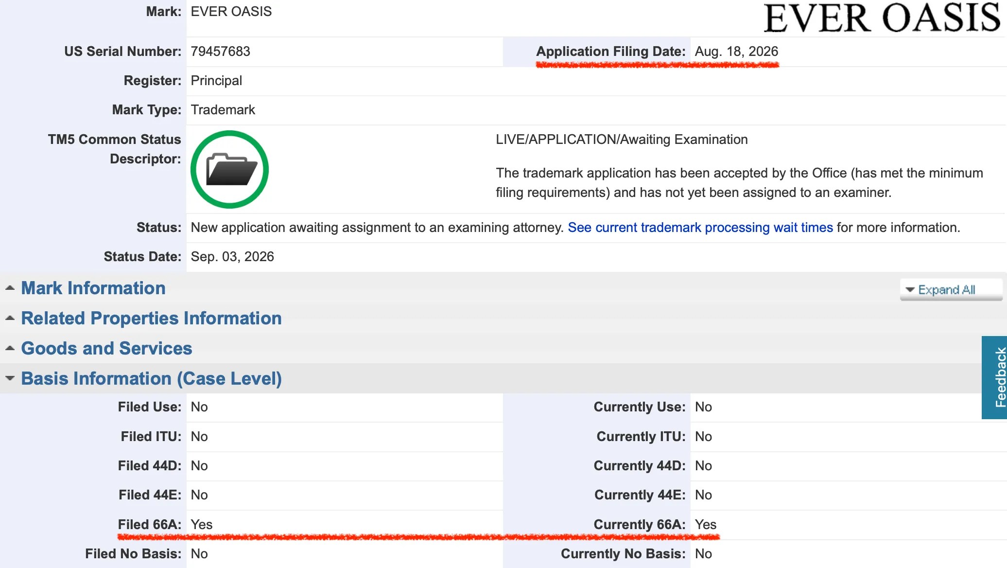Screenshot of EVER OASIS trademark (US): US Serial Number: 79457683 Application Filing Date: Aug. 18, 2026 Filed 66A: Yes Currently 66A: Yes https://tsdr.uspto.gov/#caseNumber=79457683&caseSearchType=US_APPLICATION&caseType=DEFAULT&searchType=statusSearch