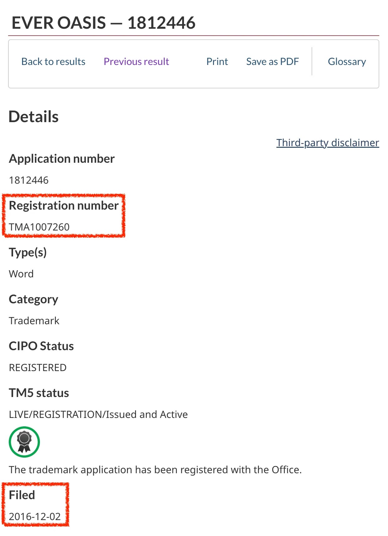 Screenshot of EVER OASIS trademark (Canada): Application number 1812446 Registration number TMA1007260 Filed 2016-12-02 Registered 2018-10-22 https://ised-isde.canada.ca/cipo/trademark-search/1812446?lang=eng&payload=domIntlFilter1searchfield1heading_exttextfield1ever+oasisdisplaylistmaxReturn1000nicetextfield1nullcipotextfield1null&pageNum=0&pageLen=100