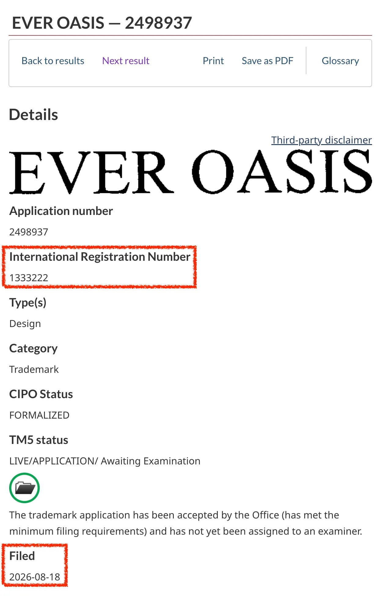 Screenshot of EVER OASIS trademark (Canada): Application number 2498937 International Registration Number 1333222 Filed 2026-08-18 International Registration 2016-08-17 https://ised-isde.canada.ca/cipo/trademark-search/2498937?lang=eng&payload=domIntlFilter1searchfield1heading_exttextfield1ever+oasisdisplaylistmaxReturn1000nicetextfield1nullcipotextfield1null&pageNum=0&pageLen=100