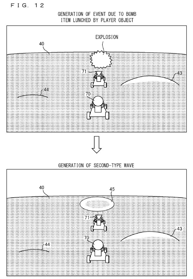 Drawing from patent publication US 20260295420: FIG. 12 is an example non-limiting diagram showing an example of a second-type wave that is caused by a bomb item launched by a player object