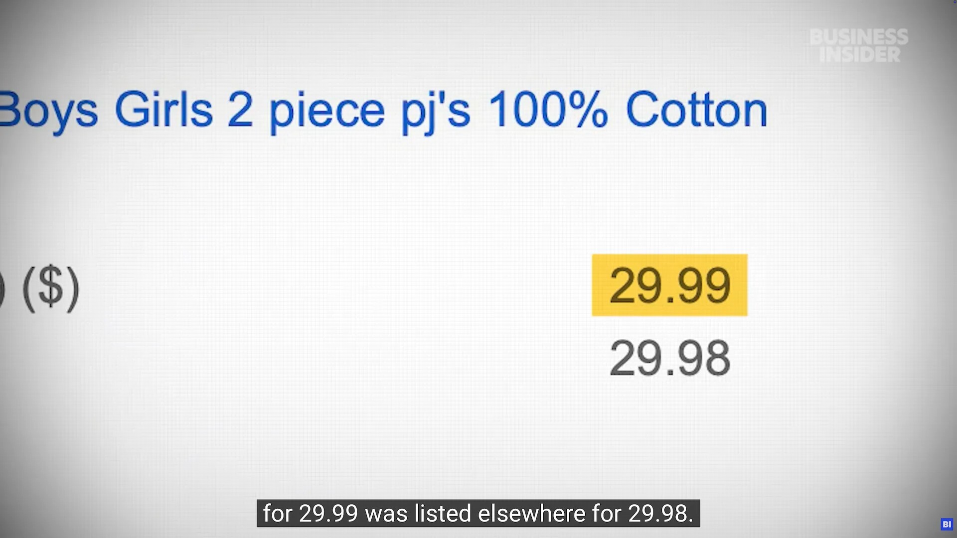 Screenshot from Business Insider video regarding this case, showing a children’s pajama set listed on Amazon for $29.99 and on another site for $29.98 https://www.youtube.com/watch?v=62VYumto5Jc