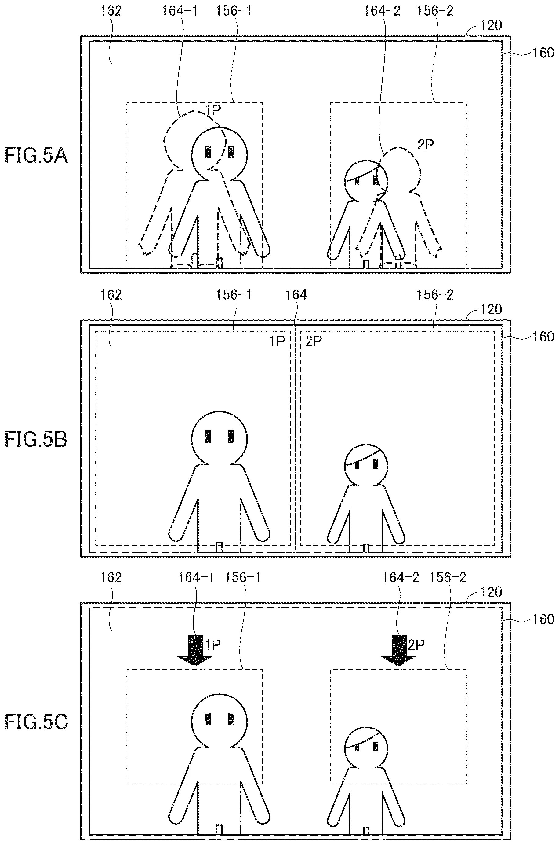Drawing from patent publication EP 4817705: FIGS. 5A to 5C show exemplary illustrative non-limiting schematic diagrams each illustrating an example of a preparation image 160 displayed in the preparation process of the game apparatus according to this embodiment.