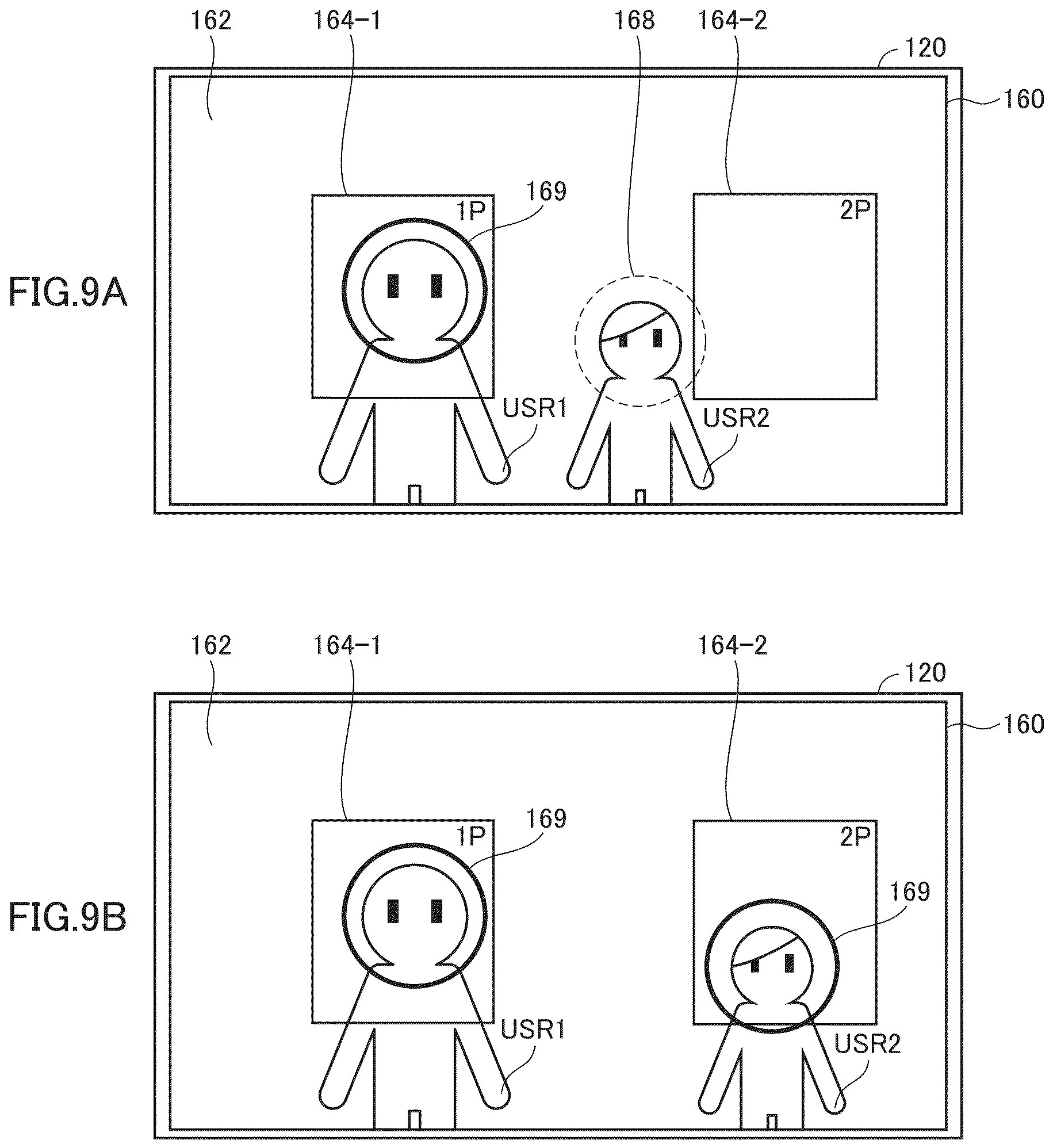 Drawing from patent publication EP 4817705: FIGS. 9A and 9B show exemplary illustrative non-limiting schematic diagrams each illustrating another example of the preparation image 160 displayed in the preparation process of the game apparatus according to this embodiment.