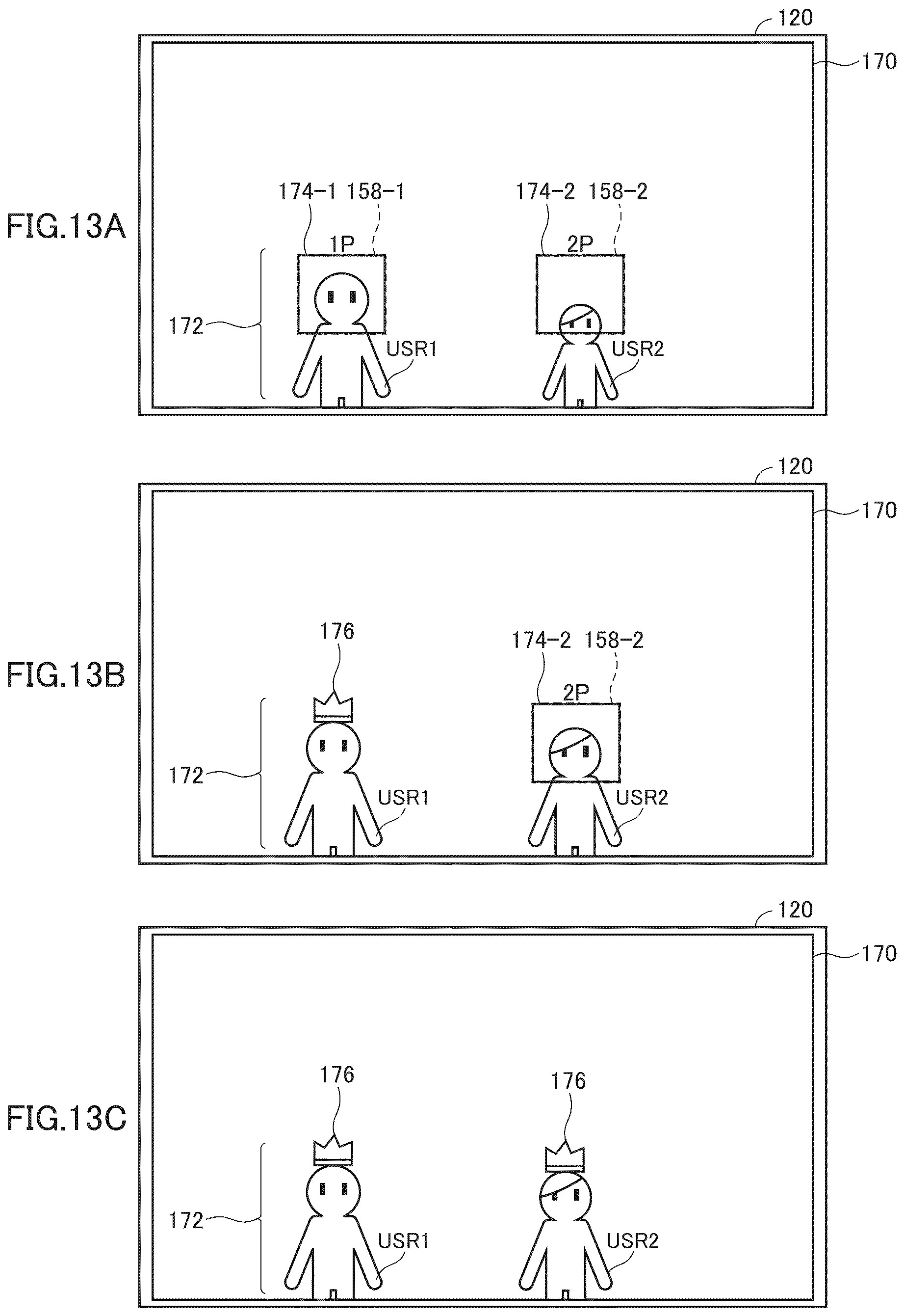 Drawing from patent publication EP 4817705: FIGS. 13A to 13C show exemplary illustrative non-limiting schematic diagrams each illustrating an example of a specific pre-game preparation image 170 displayed in the specific pre-game preparation process of the game apparatus according to this embodiment.