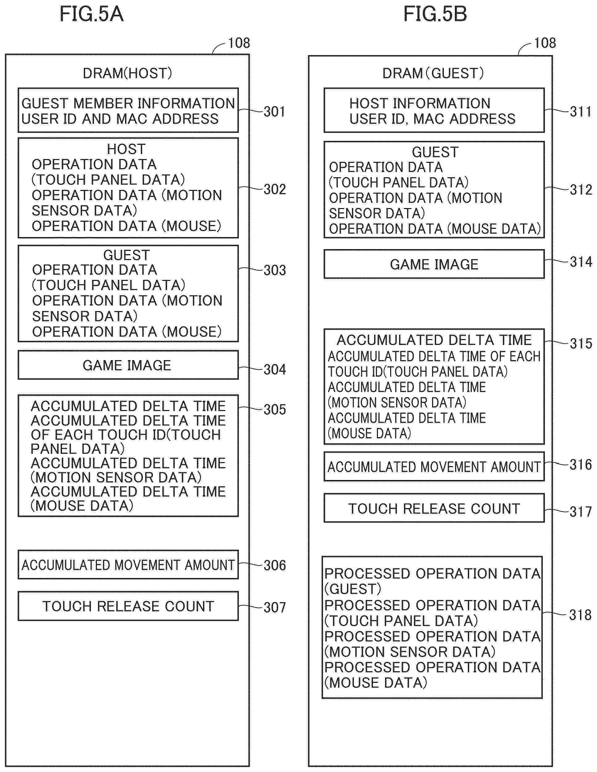 Drawing from patent publication EP 4822497: Figures 5A and 5B show exemplary illustrative non-limiting drawings illustrating exemplary data stored in a DRAM of the host and guest game devices according to an embodiment.