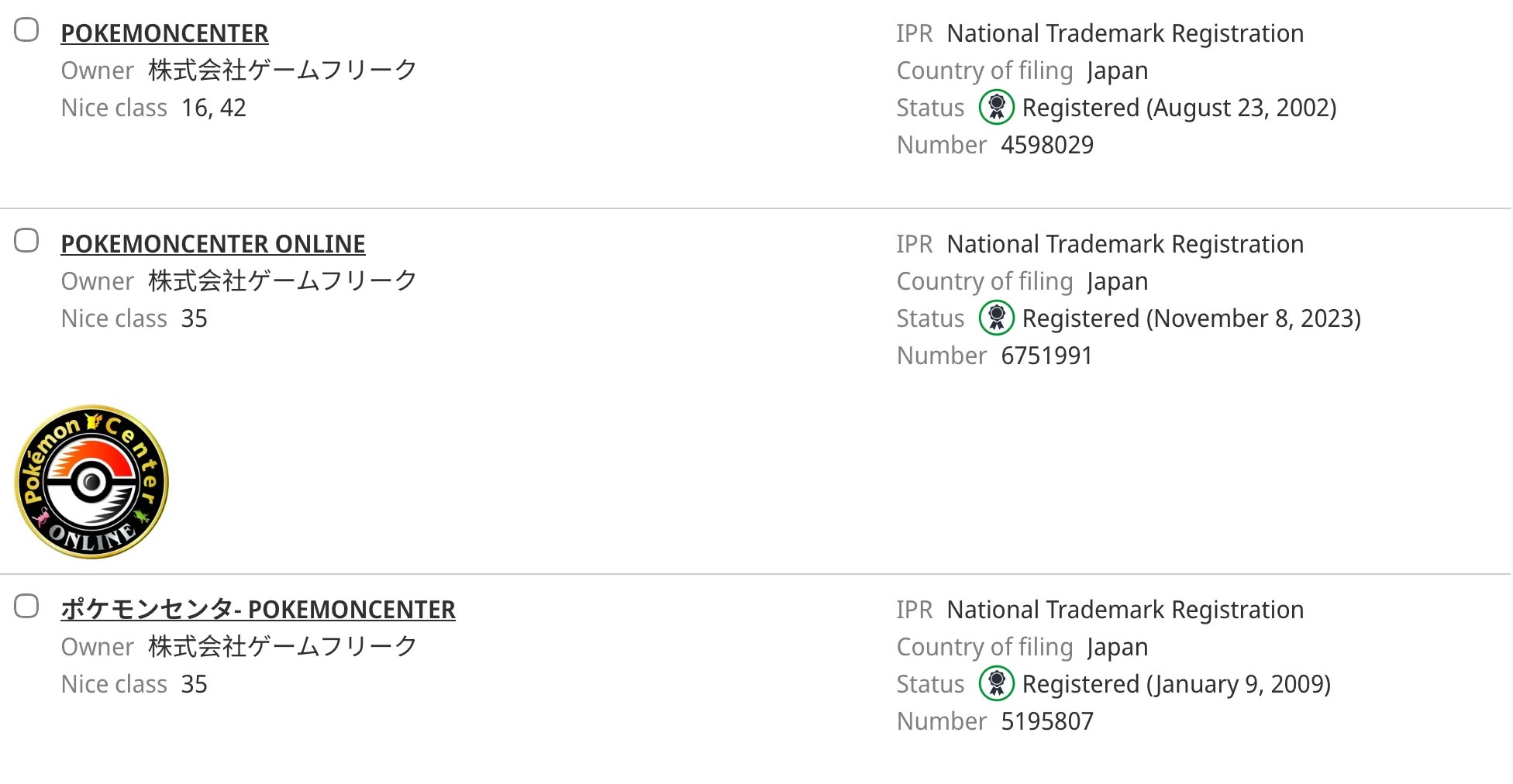 Screenshot of POKEMONCENTER trademark registrations in Japan Source: https://branddb.wipo.int