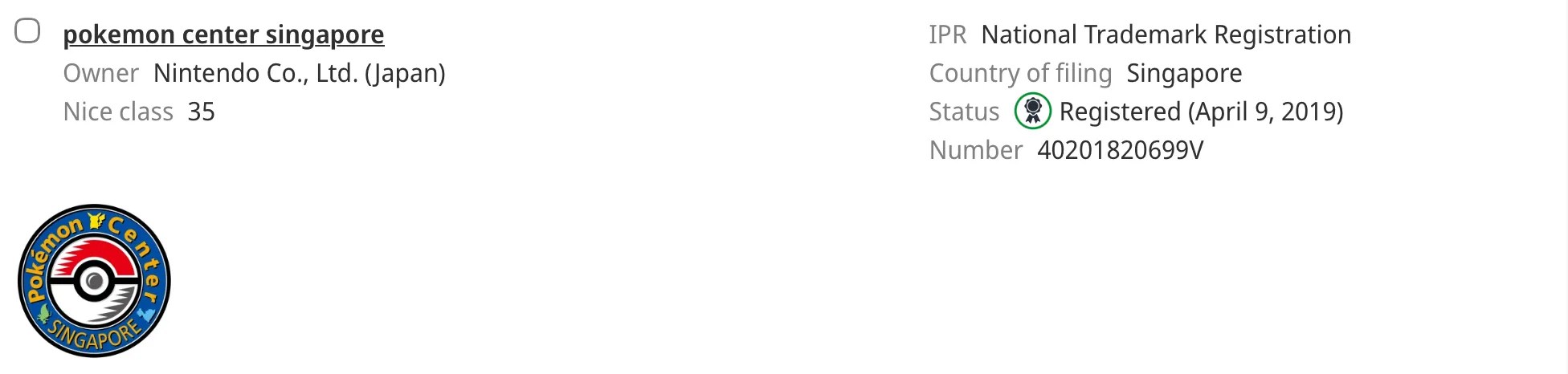 Screenshot of pokemon center singapore trademark registration in Singapore Source: https://branddb.wipo.int